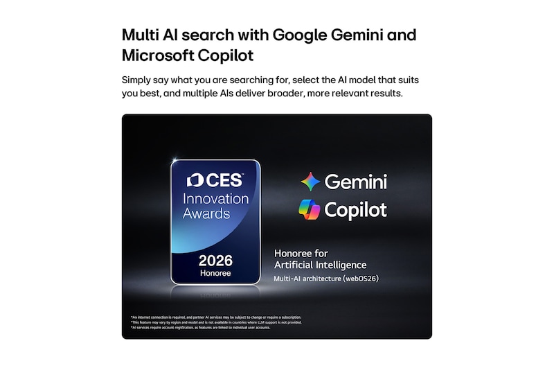 The 2026 CES Innovation Awards Honoree badge in the Artificial Intelligence category recognizes Multi-AI search with Google Gemini and Microsoft Copilot.